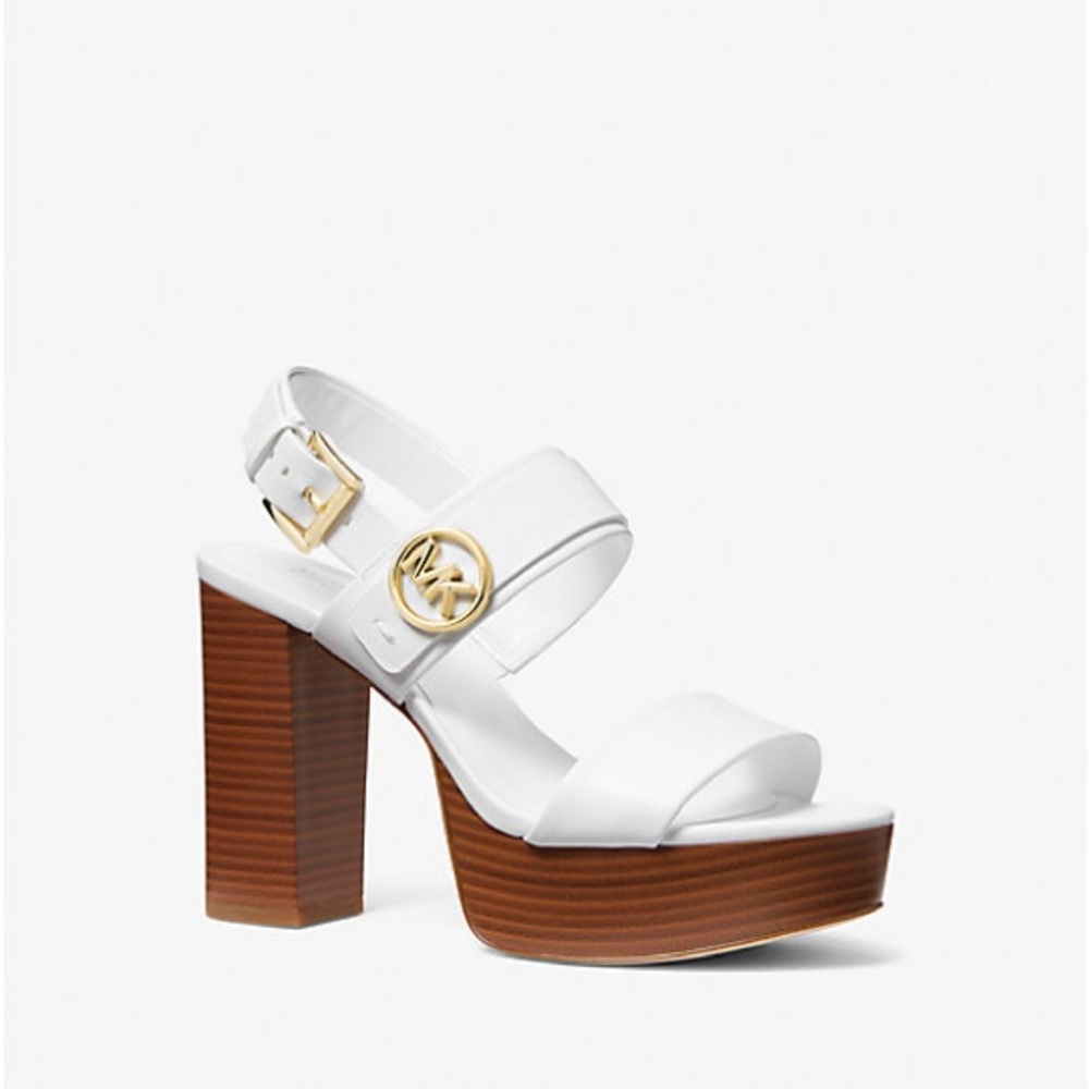 Michael Kors Carmen Platform Sandal White / Gold / Wood Brown Block Heels